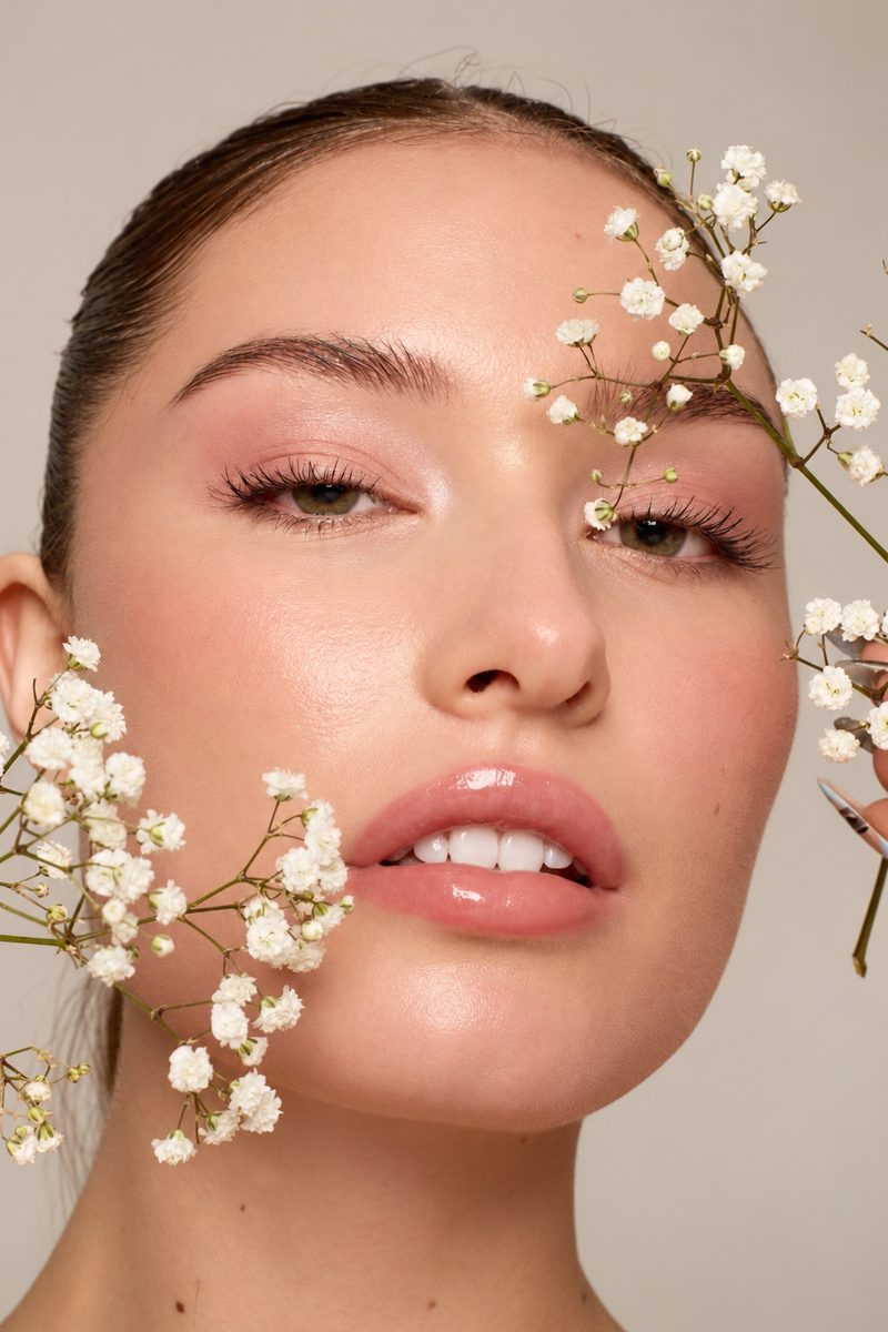 Natural bridal makeup with luminous skin and a soft pink lip, framed with flowers