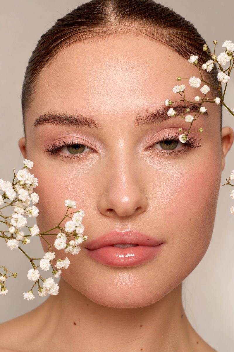 Soft bridal makeup with peach blush and a glossy lip, styled with gypsophila, by a London makeup artist